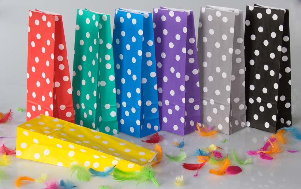 Torba papierowa klockowa 100x70x280 w groszki + naklejki Happy Birthday 6 szt.