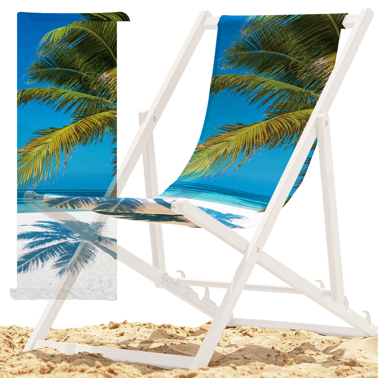 Leżak drewniany z nadrukiem PALMA NA PLAŻY LIŚCIE