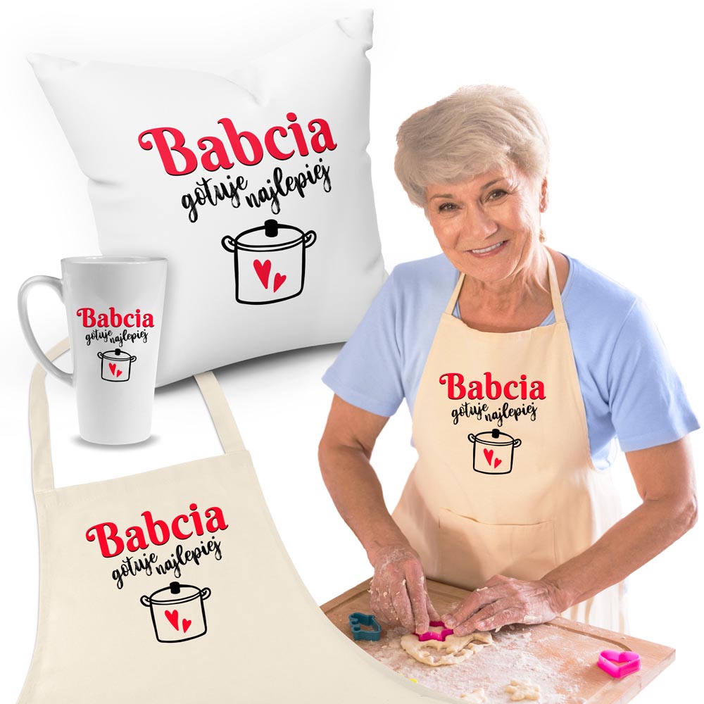 Zestaw Fartuch,Kubek,Poduszka Babcia gotuje Najlepiej Prezent na Dzień Babci