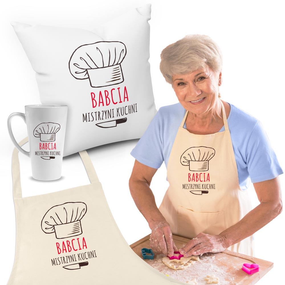 Zestaw Fartuch,Kubek,Poduszka Babcia Mistrzyni Kuchni Prezent na Dzień Babci