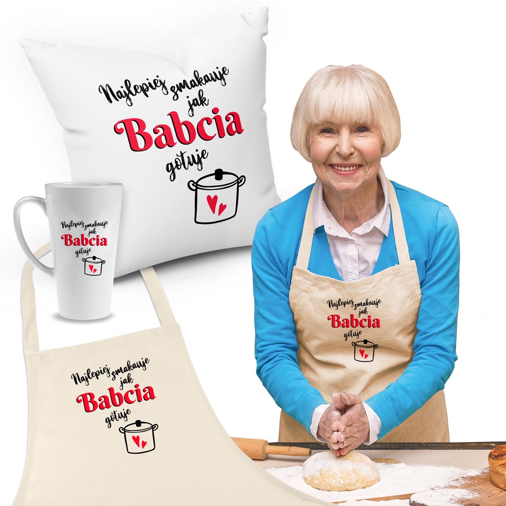 Zestaw Fartuch,Kubek,Poduszka Najlepiej smakuje jak Babcia Gotuje Prezent na Dzień Babci