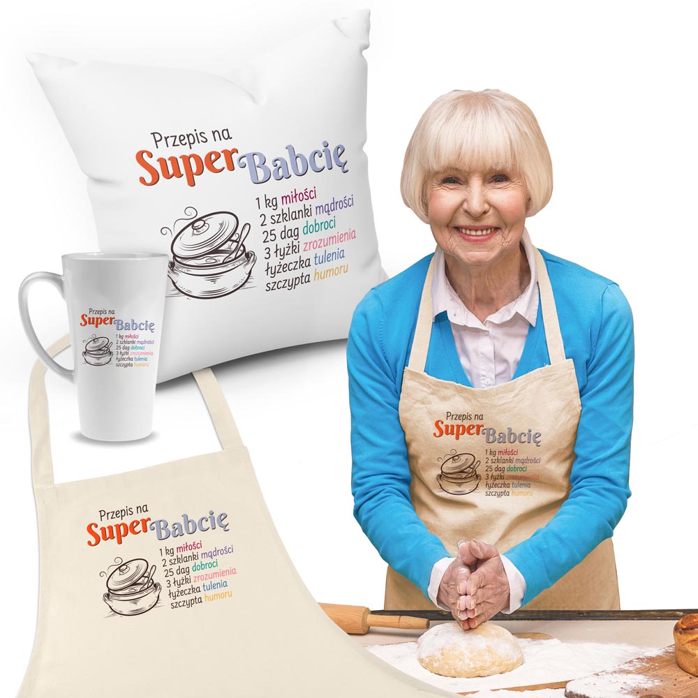 Zestaw Fartuch,Kubek,Poduszka Przepis na Super Babcie Prezent na Dzień Babci