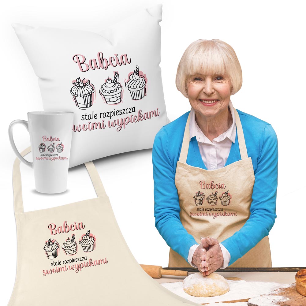 Zestaw Fartuch,Kubek,Poduszka Babcia Rozpieszcza Wypiekami Prezent na Dzień Babci