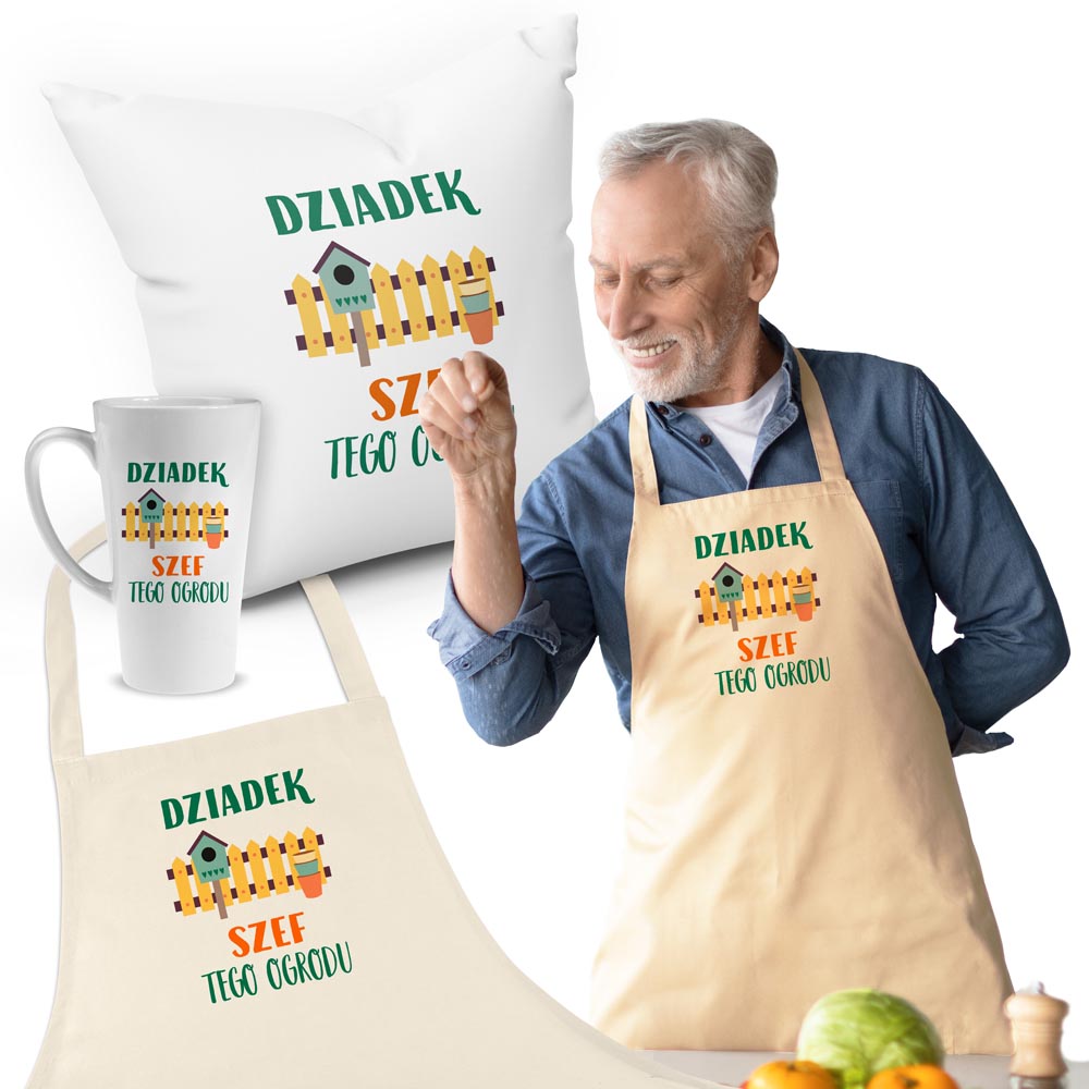 Zestaw Fartuch,Kubek,Poduszka Szef Ogrodu Prezent na Dzień Dziadka