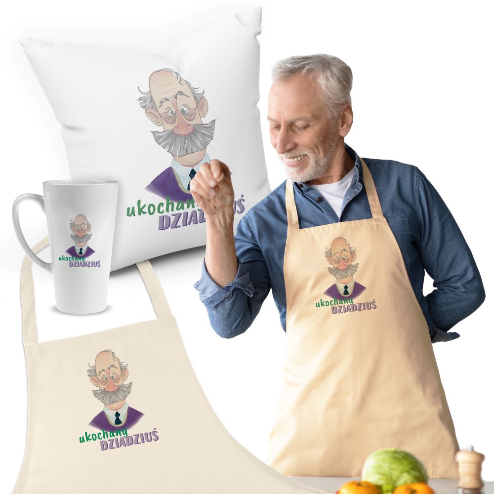 Zestaw Fartuch,Kubek,Poduszka Ukochany Dziadziuś Prezent na Dzień Dziadka