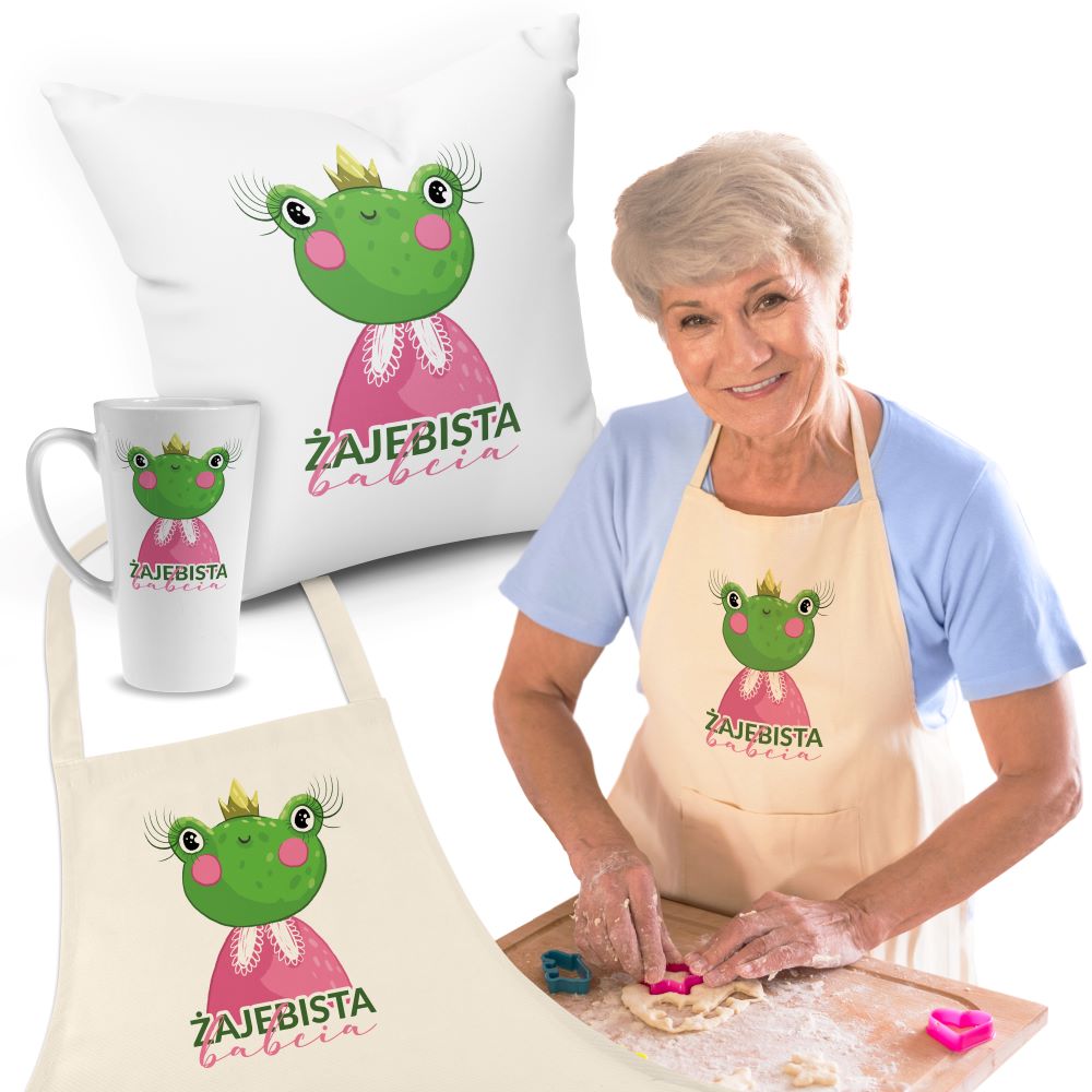 Zestaw Fartuch,Kubek,Poduszka Żajebista Babcia Prezent na Dzień Babci