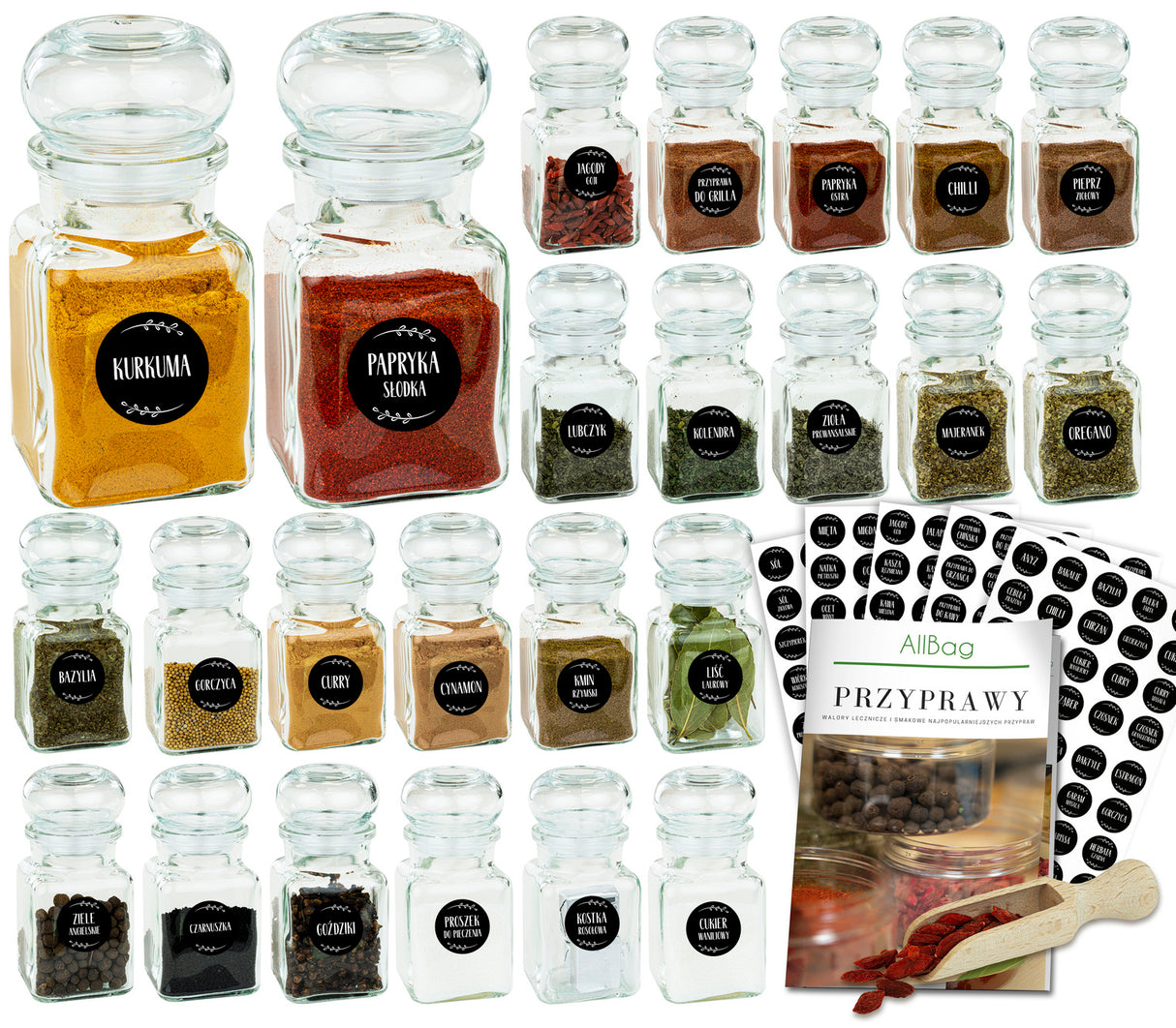 Słoiki na przyprawy 150ml 24 sztuki+ 200 naklejek+ czerpak+EBOOK