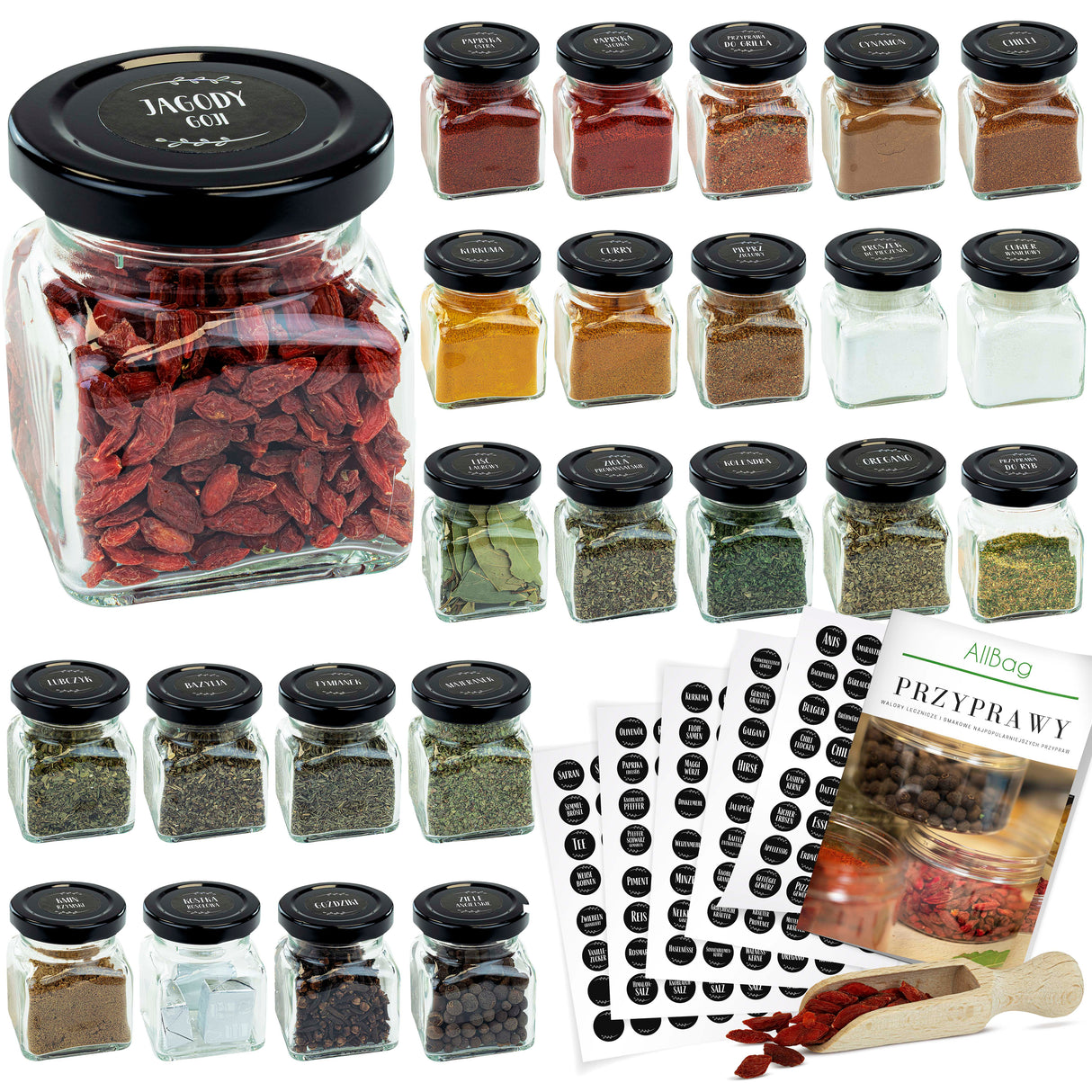 Słoiki na przyprawy 120ml 24 sztuki+ 200 naklejek+ czerpak + książka