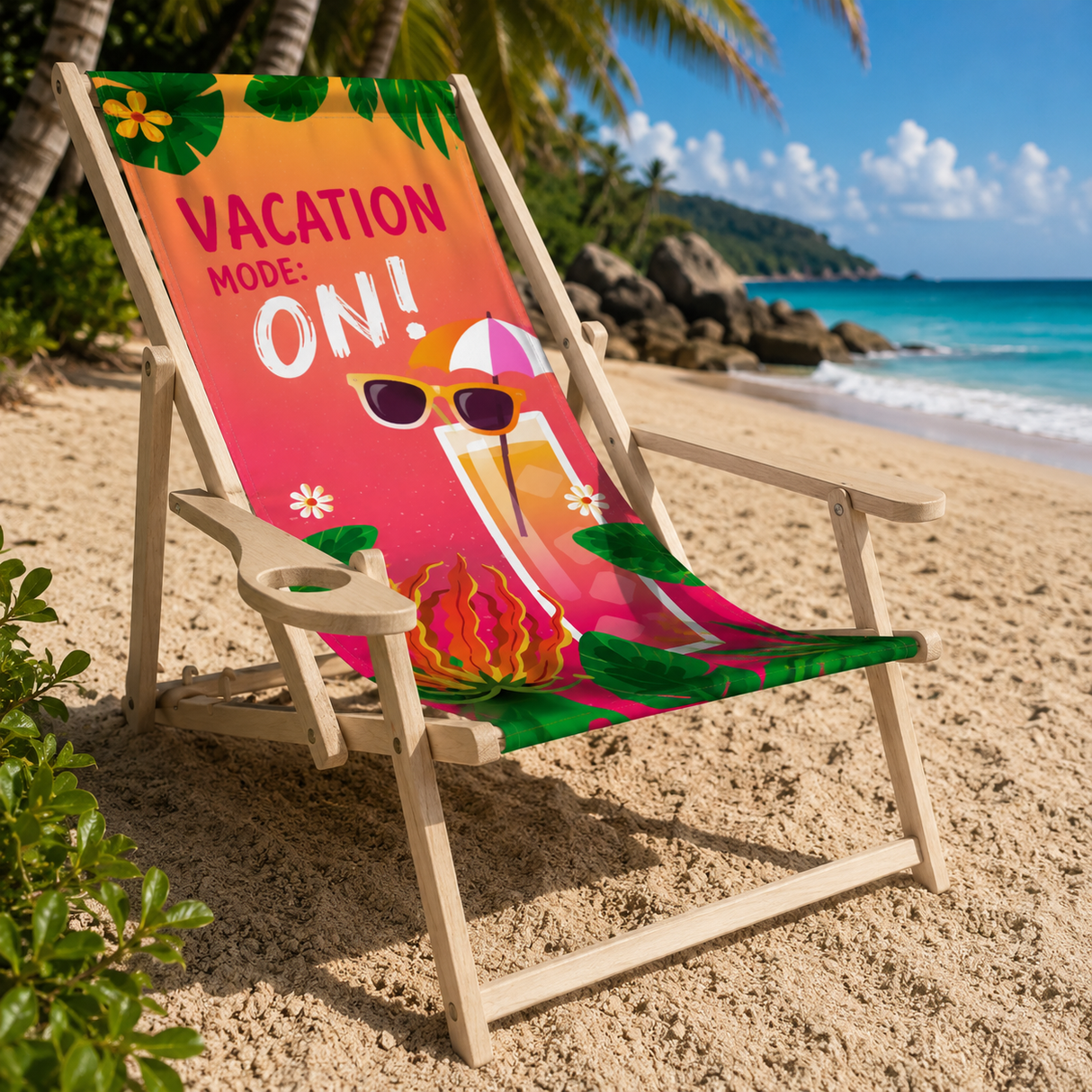 Leżak drewniany z podłokietnikiem Vacation mode