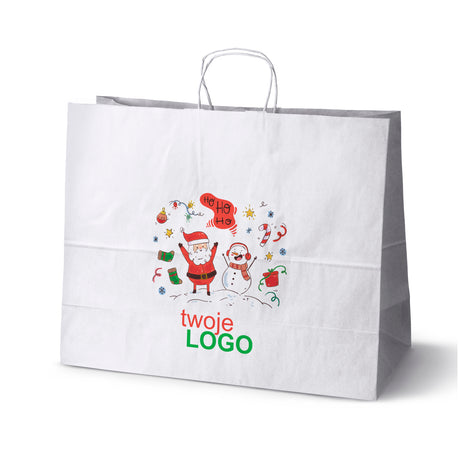 Torba papierowa świąteczne Biała 50szt. 500x180x390mm +LOGO (22 kolorowe wzory) RO-10