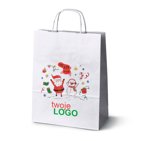 Torba papierowa świąteczne Biała 50szt. 240x100x320mm +LOGO (22 kolorowe wzory) RO-10