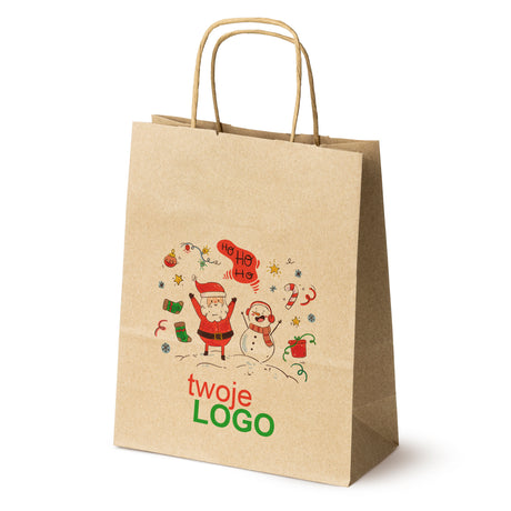 Torba papierowa świąteczne Brązowa 50szt. 180x80x225mm +LOGO (22 kolorowe wzory) RO-10