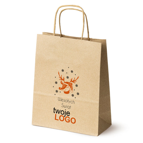 Torba papierowa świąteczne Brązowa 50szt. 180x80x225mm +LOGO (22 kolorowe wzory) RO-11