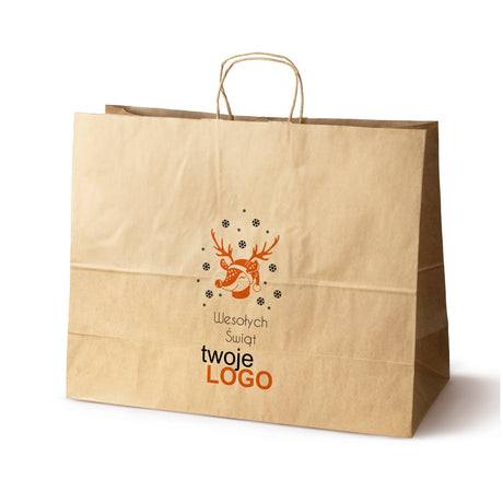 Torba papierowa świąteczne Brązowa 50szt. 500x180x390mm +LOGO (22 kolorowe wzory) RO-11