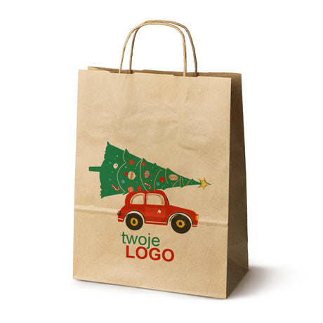 Torba papierowa świąteczne Brązowa 50szt. 240x100x320mm +LOGO (22 kolorowe wzory) RO-12