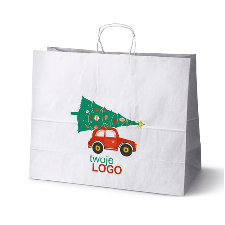 Torba papierowa świąteczne Biała 50szt. 500x180x390mm +LOGO (22 kolorowe wzory) RO-12