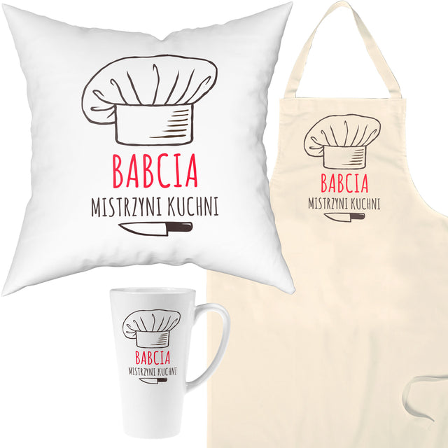 Zestaw Fartuch,Kubek,Poduszka Babcia Mistrzyni Kuchni Prezent na Dzień Babci