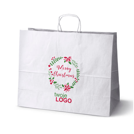 Torba papierowa świąteczne Biała 50szt. 500x180x390mm +LOGO (22 kolorowe wzory) RO-13