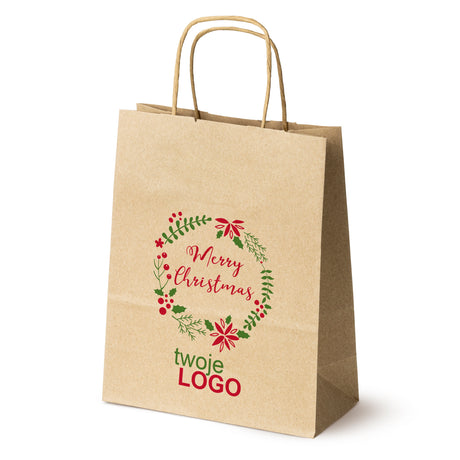 Torba papierowa świąteczne Brązowa 50szt. 180x80x225mm +LOGO (22 kolorowe wzory) RO-13