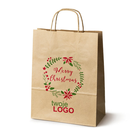 Torba papierowa świąteczne Brązowa 50szt. 240x100x320mm +LOGO (22 kolorowe wzory) RO-13