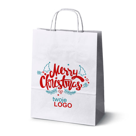 Torba papierowa świąteczne Biała 50szt. 240x100x320mm +LOGO (22 kolorowe wzory) RO-14