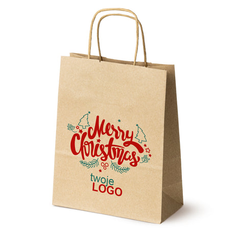 Torba papierowa świąteczne Brązowa 50szt. 180x80x225mm +LOGO (22 kolorowe wzory) RO-14