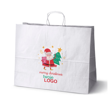 Torba papierowa świąteczne Biała 50szt. 500x180x390mm +LOGO (22 kolorowe wzory) RO-15