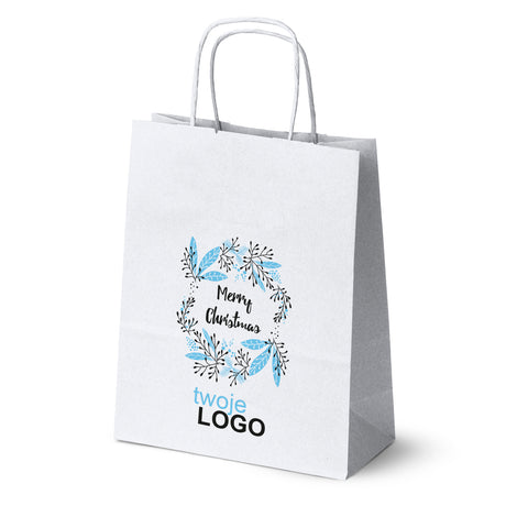 Torba papierowa świąteczne Biała 50szt. 180x80x225mm +LOGO (22 kolorowe wzory) RO-16