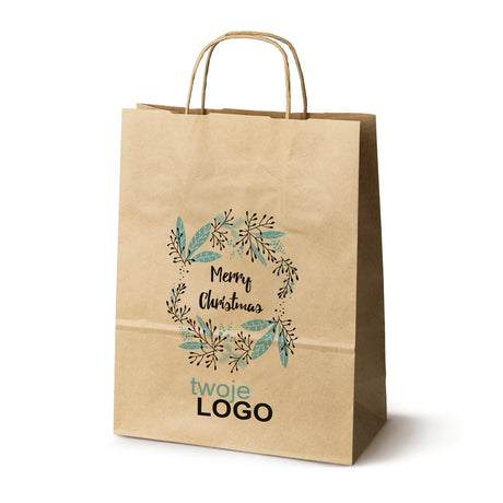 Torba papierowa świąteczne Brązowa 50szt. 240x100x320mm +LOGO (22 kolorowe wzory) RO-16
