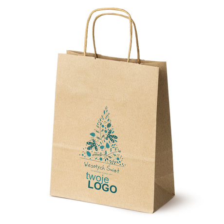 Torba papierowa świąteczne Brązowa 50szt. 180x80x225mm +LOGO (22 kolorowe wzory) RO-17