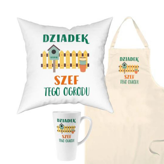 Zestaw Fartuch,Kubek,Poduszka Szef Ogrodu Prezent na Dzień Dziadka
