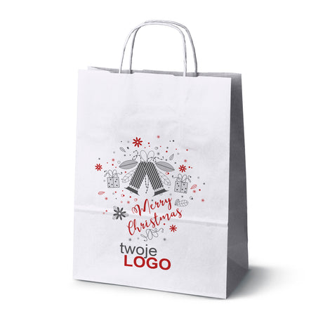 Torba papierowa świąteczne Biała 50szt. 240x100x320mm +LOGO (22 kolorowe wzory) RO-18