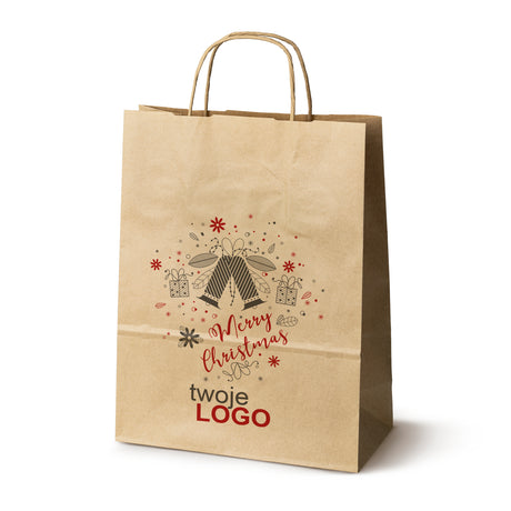 Torba papierowa świąteczne Brązowa 50szt. 240x100x320mm +LOGO (22 kolorowe wzory) RO-18