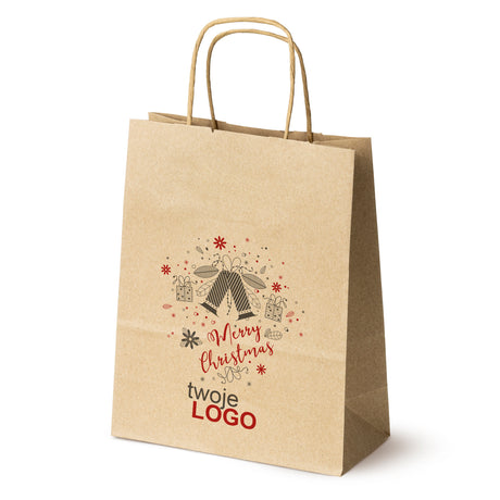 Torba papierowa świąteczne Brązowa 50szt. 180x80x225mm +LOGO (22 kolorowe wzory) RO-18