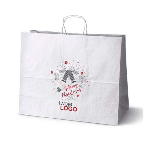 Torba papierowa świąteczne Biała 50szt. 500x180x390mm +LOGO (22 kolorowe wzory) RO-18