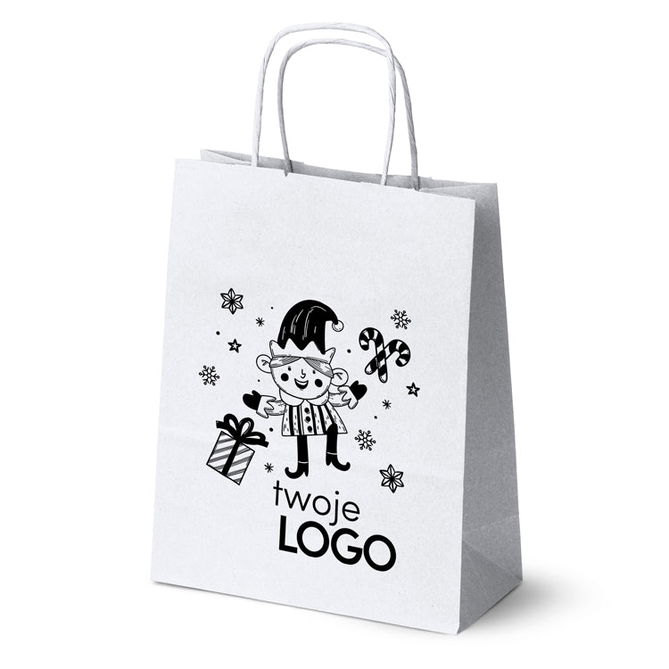 Torba papierowa świąteczne 50szt. 180x80x225mm Biała +LOGO (23 wzory) SW-06