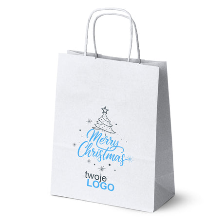 Torba papierowa świąteczne Biała 50szt. 180x80x225mm +LOGO (22 kolorowe wzory) RO-19