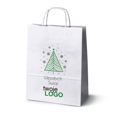 Torba papierowa świąteczne Biała 50szt. 240x100x320mm +LOGO (22 kolorowe wzory) RO-01