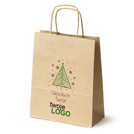Torba papierowa świąteczne Brązowa 50szt. 180x80x225mm +LOGO (22 kolorowe wzory) RO-01