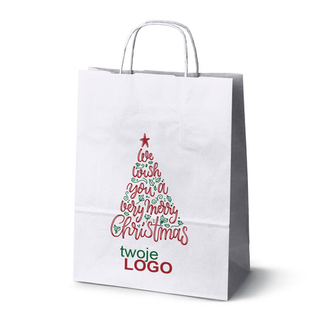 Torba papierowa świąteczne Biała 50szt. 240x100x320mm +LOGO (22 kolorowe wzory) RO-20
