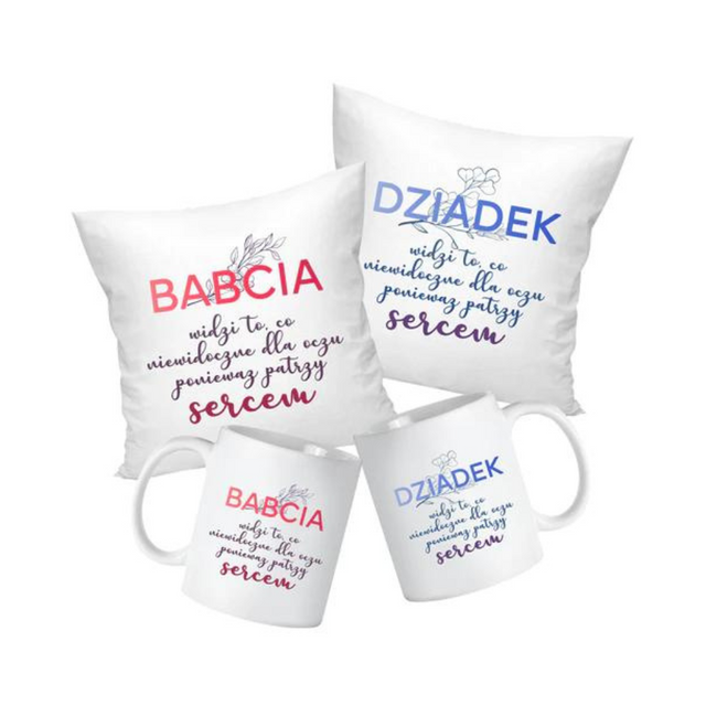 Zestaw Poduszka Kubek Babcia patrzy sercem Dziadek patrzy sercem Prezent na Dzień Babci i Dziadka