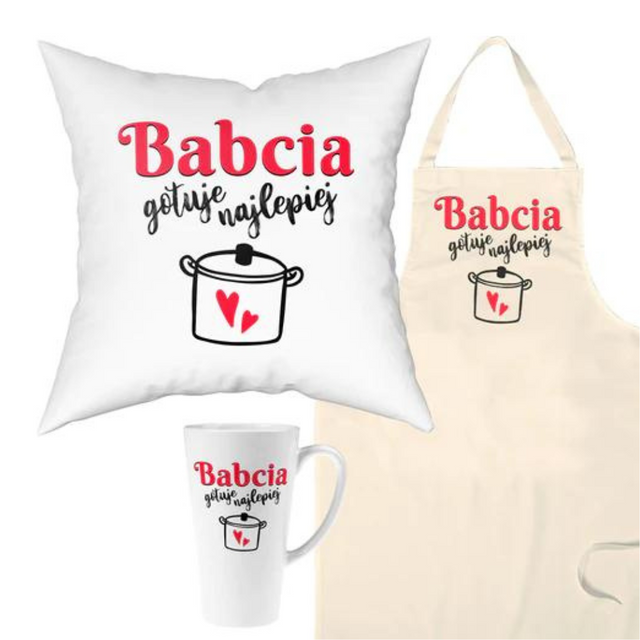 Zestaw Fartuch,Kubek,Poduszka Babcia gotuje Najlepiej Prezent na Dzień Babci