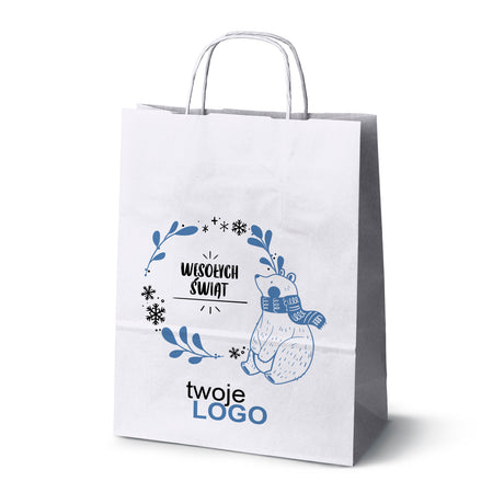 Torba papierowa świąteczne Biała 50szt. 240x100x320mm +LOGO (22 kolorowe wzory) RO-21