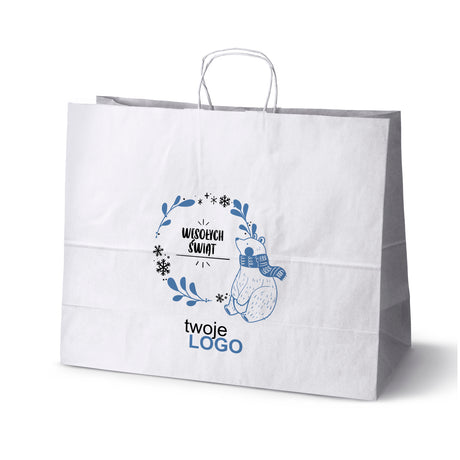 Torba papierowa świąteczne Biała 50szt. 500x180x390mm +LOGO (22 kolorowe wzory) RO-21