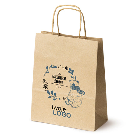 Torba papierowa świąteczne Brązowa 50szt. 180x80x225mm +LOGO (22 kolorowe wzory) RO-21
