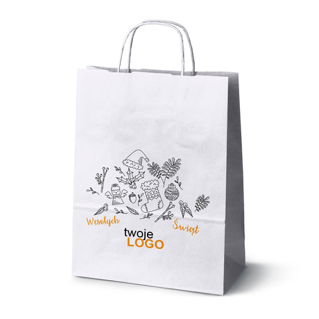 Torba papierowa świąteczne Biała 50szt. 240x100x320mm +LOGO (22 kolorowe wzory) RO-22