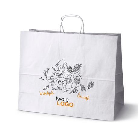 Torba papierowa świąteczne Biała 50szt. 500x180x390mm +LOGO (22 kolorowe wzory) RO-22