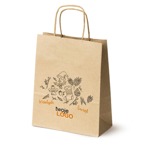 Torba papierowa świąteczne Brązowa 50szt. 180x80x225mm +LOGO (22 kolorowe wzory) RO-22