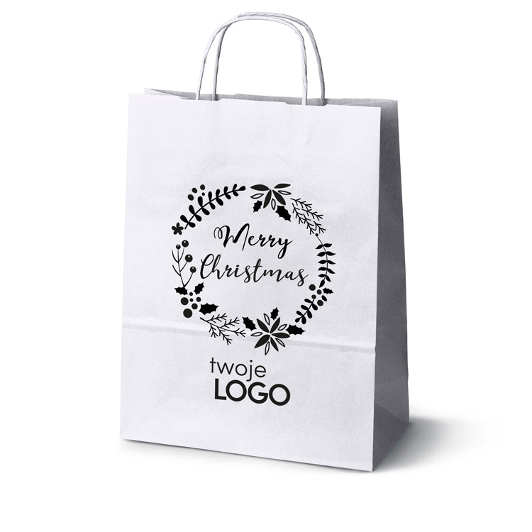 Torba papierowa świąteczne 50szt. 240x100x320mm Biała +LOGO (23 wzory) SW-13