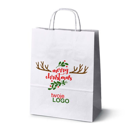 Torba papierowa świąteczne Biała 50szt. 240x100x320mm +LOGO (22 kolorowe wzory) RO-02